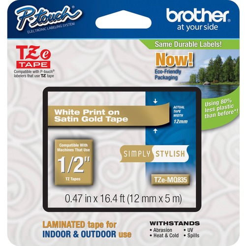 Brother P-Touch TZe Laminated Tape - 15/32" Width - Thermal Transfer - White, Satin Gold - Plastic - 1 Each - Water Resistant - Grime Resistant, Grease Resistant, High Durable, Abrasion Resistant, Chemical Resistant, Fade Resistant, Temperature Resistant