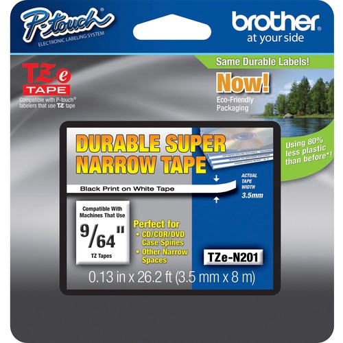 Brother TZ Super Narrow Non-laminated Tapes - 1/8" Width - Thermal Transfer - Black, White - 1 Each - Water Resistant - Non-laminated, Abrasion Resistant, Temperature Resistant, Fade Resistant, Chemical Resistant, High Durable
