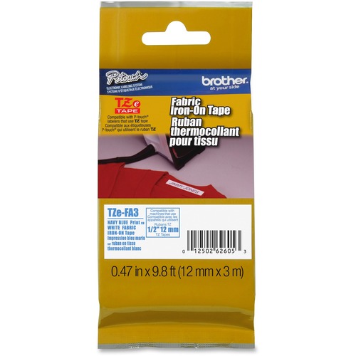 Brother TZeFA3 Ptouch Iron-On Tape - 15/32" Width - Thermal Transfer - White, Navy Blue - 1 Each - Water Resistant - High Durable, Abrasion Resistant, Fade Resistant, Chemical Resistant, Temperature Resistant, Iron-on Transfer