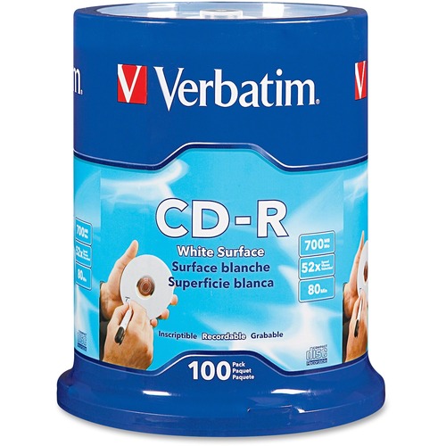 Verbatim CD-R 700MB 52X with Blank White Surface - 100pk Spindle - 120mm - Printable - 1.33 Hour Maximum Recording Time