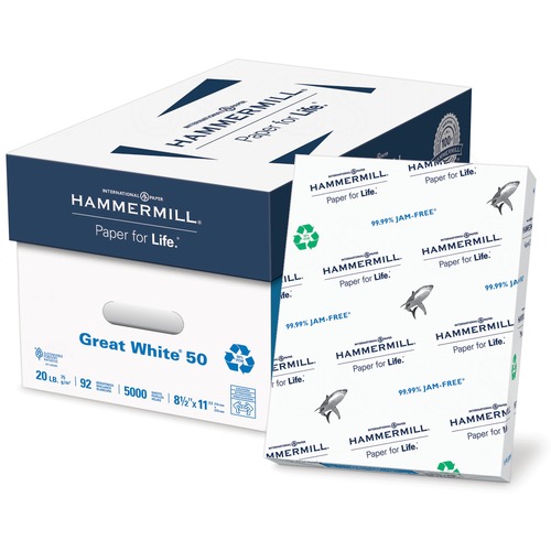 Hammermill Great White Recycled Copy Paper - 92 Brightness - 86% Opacity - Letter - 8 1/2" x 11" - 20 lb Basis Weight - 5000 / Carton - Acid-free, Archival-safe, Jam-free - White