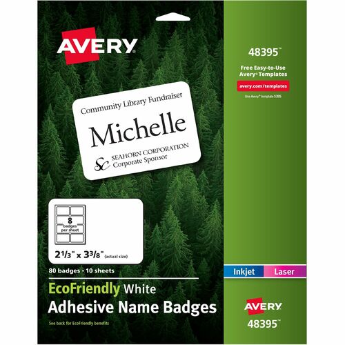 Avery® Eco-friendly Premium Name Badge Labels - 2 21/64" Width x 3 3/8" Length - Removable Adhesive - Rectangle - Laser, Inkjet - White - Paper - 8 / Sheet - 10 Total Sheets - 80 Total Label(s) - 5