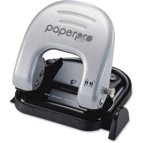 PaperPro inDULGE 20 Two-Hole Punch - 2 Punch Head(s) - 20 Sheet - 9/32" Punch Size - 4.20" (106.68 mm) x 2" (50.80 mm) - Black, Silver