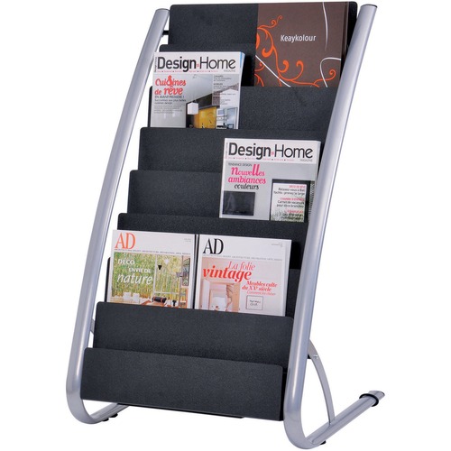 Alba 6-Pocket Vertical Literature Display Stand - 800 x Sheet - 8 Compartment(s) - 36.6" Height x 22.8" Width x 19.7" Depth - Floor - Padded Feet, Non-skid Base - Silver, Black - Steel, ABS Plastic - 1 Each