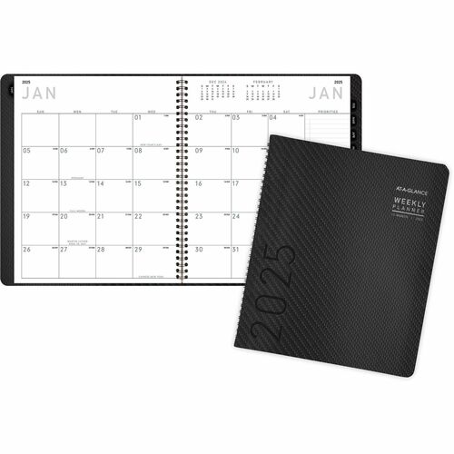 At-A-Glance Contemporary Planner - Large Size - Julian Dates - Monthly - 1 Year - January 2024 - December 2024 - 1 Month Double Page Layout - 9" x 11" White Sheet - Wire Bound - Desktop - Charcoal Gray - Faux Leather - 9.5" Width - Textured Cover, Notepad