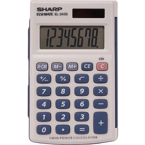 Sharp Calculators EL-243SB 8-Digit Pocket Calculator - 3-Key Memory, Sign Change, Auto Power Off - 8 Digits - LCD - Battery/Solar Powered - 1 - LR1130 - 0.4" x 2.5" x 4.1" - Gray, Blue - 1 Each