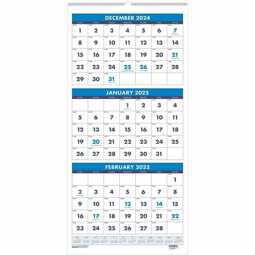 House of Doolittle 3-month Vertical 17" Wall Calendar - Julian Dates - Monthly - 14 Month - December 2023 - January 2025 - 3 Month Single Page Layout - 8" x 17" Sheet Size - 1" x 1.06" Block - Wire Bound - Blue, Green - Paper - Reference Calendar, Hanging