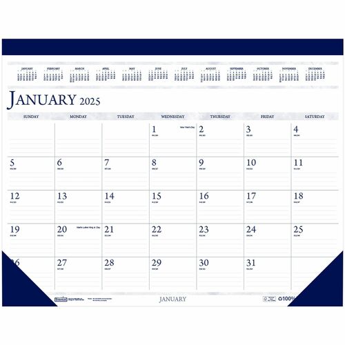 House of Doolittle Deep Blue Print 18.5" Desk Pad Calendar - Julian Dates - Monthly - 12 Month - January 2024 - December 2024 - 1 Month Single Page Layout - 18 1/2" x 13" White Sheet - 1.75" x 2.37" Block - Headband - Desk Pad - Blue, Gray - Leatherette, 