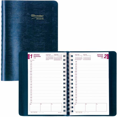 Brownline® Essential Daily Diaries - Business - Julian Dates - Daily - January 2023 - December 2023 - 7:00 AM to 7:30 PM - Half-hourly - 1 Day Single Page Layout - 5" x 8" Sheet Size - Twin Wire - Blue - Address Directory, Phone Directory 