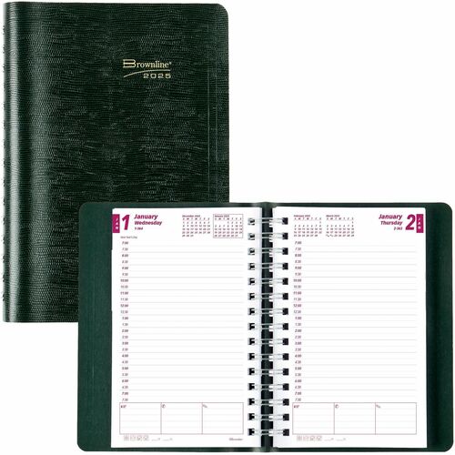 Brownline® Essential Daily Diaries - Business - Julian Dates - Daily - January 2023 - December 2023 - 7:00 AM to 7:30 PM - Half-hourly - 1 Day Single Page Layout - 5" x 8" Sheet Size - Twin Wire - Green - Address Directory, Phone Directory 