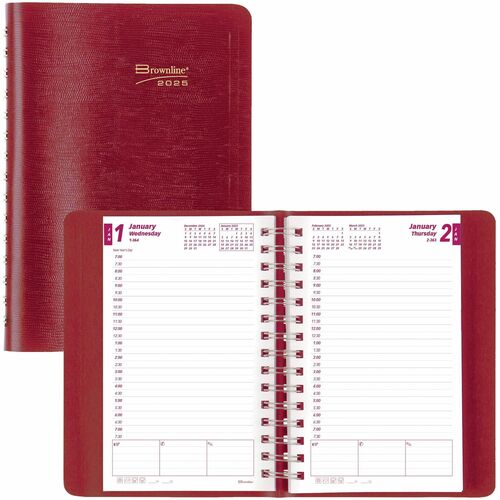 Brownline® Essential Daily Diaries - Business - Julian Dates - Daily - January 2023 - December 2023 - 7:00 AM to 7:30 PM - Half-hourly - 1 Day Single Page Layout - 5" x 8" Sheet Size - Twin Wire - Red - Address Directory, Phone Directory 