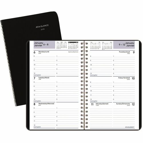 AT-A-GLANCE® Weekly Desk Diary 8-3/16" x 5-1/2" Bilingual Black - Julian Dates - Weekly - 12 Month - January 2025 - December 2025 - 8:00 AM to 5:00 PM - Hourly - 1 Week Double Page Layout - 4 7/8" x 8" Sheet Size - Wire Bound - Leather - Black CoverRe