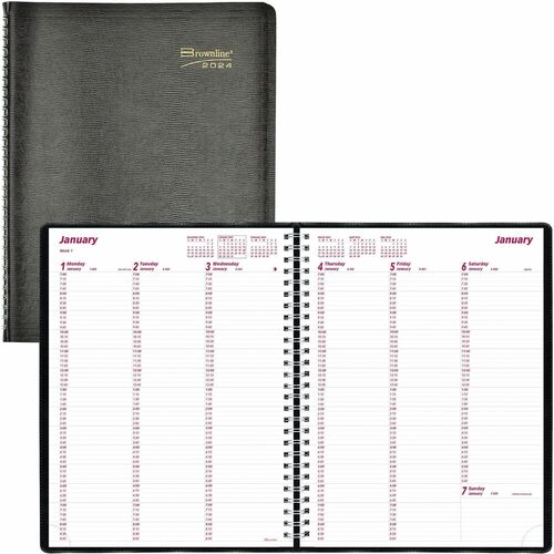 Brownline Soft Cover Twin-wire Weekly Planner - Julian Dates - Weekly - 1 Year - January 2024 - December 2024 - 7:00 AM to 8:45 PM - Quarter-hourly, 7:00 AM to 5:45 PM - Quarter-hourly - 11" x 8 1/2" Sheet Size - Twin Wire - Paper - Black CoverAppointment