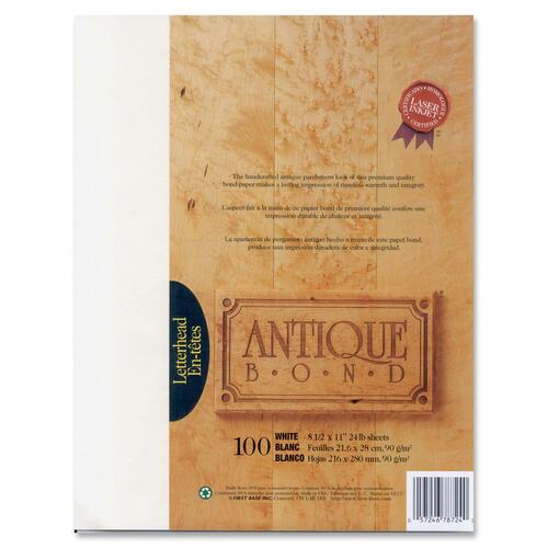 First Base Antique Bond 78724 Laser, Inkjet Bond Paper - White - Recycled - Letter - 8 1/2" x 11" - 24 lb Basis Weight - 100 / Pack - Unprinted Stationery - FST78724