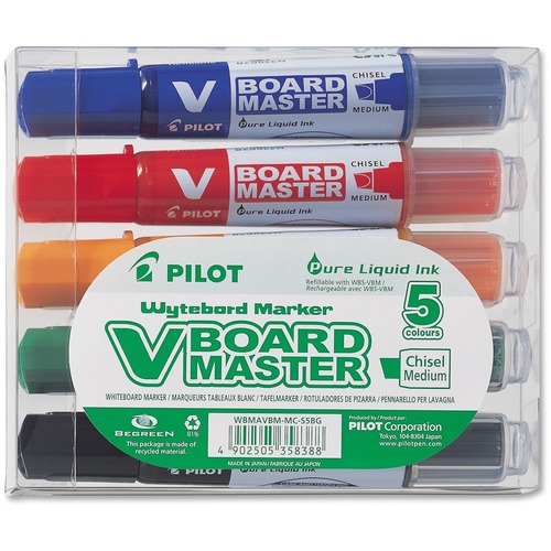 BeGreen V Board Master Whiteboard Marker - 2.2 mm, 5.2 mm Marker Point Size - Chisel Marker Point Style - Refillable - Black, Blue, Red, Green, Orange - 5 / Set - Dry-Erase Kits/Holders - PIL358388