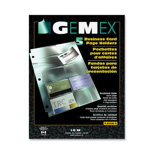Gemex Business Card Holder - 20 x Card Capacity - For Letter 8 1/2" x 10 63/64" Sheet - Ring Binder - Rectangular - Clear - Polypropylene - 5 / Pack