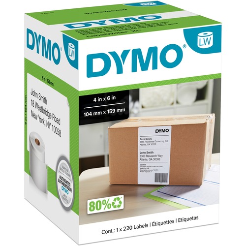 Dymo LabelWriter 4XL Extra Large Shipping Labels - 4" x 6" Length - Rectangle - Thermal Transfer - White - 220 / Roll - 220 Box