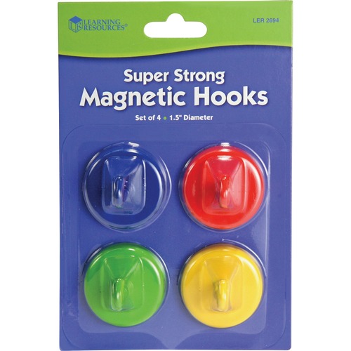 Learning Resources Super Strong Magnetic Hooks Set - for Pocket Chart, Flip Book, Hall Pass, Decoration - Metal - Red, Blue, Green, Yellow - 4 / Pack - Hooks & Hangers - LRN2694