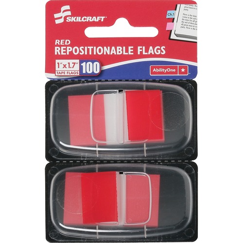 SKILCRAFT Repositionable Self-stick Flags - 1" x 1.75" - Rectangle - Red - Repositionable, Self-adhesive, Removable - 100 / Pack
