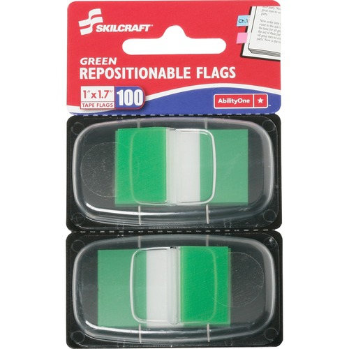 SKILCRAFT Repositionable Self-stick Flags - 1" x 1.75" - Rectangle - Green - Repositionable, Self-adhesive, Removable - 100 / Pack
