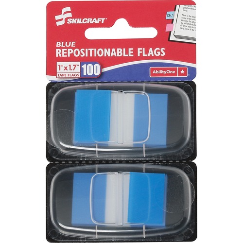 SKILCRAFT Repositionable Self-stick Flags - 1" x 1.75" - Rectangle - Blue - Repositionable, Self-adhesive, Removable - 100 / Pack
