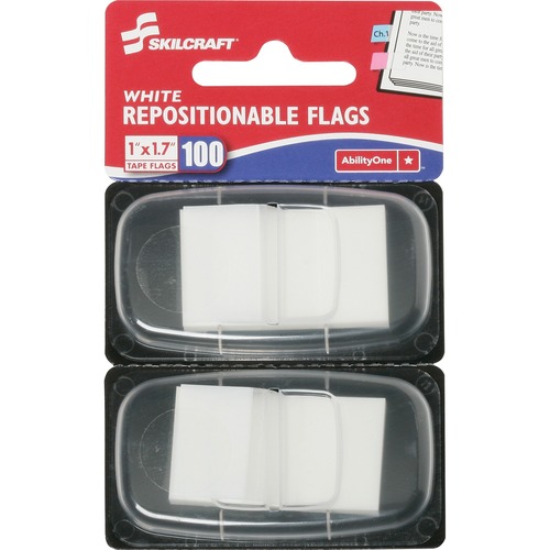 SKILCRAFT Repositionable Self-stick Flags - 1" x 1.75" - Rectangle - White - Repositionable, Self-adhesive, Removable - 100 / Pack