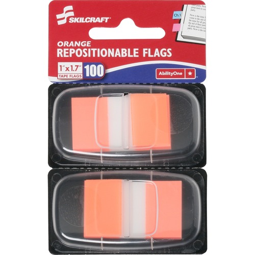 SKILCRAFT Repositionable Self-stick Flags - 1" x 1.75" - Rectangle - Orange - Repositionable, Self-adhesive, Removable - 100 / Pack