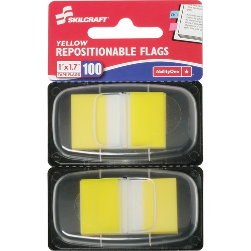 SKILCRAFT Repositionable Self-stick Flags - 1" x 1.75" - Rectangle - Yellow - Repositionable, Self-adhesive, Removable - 100 / Pack