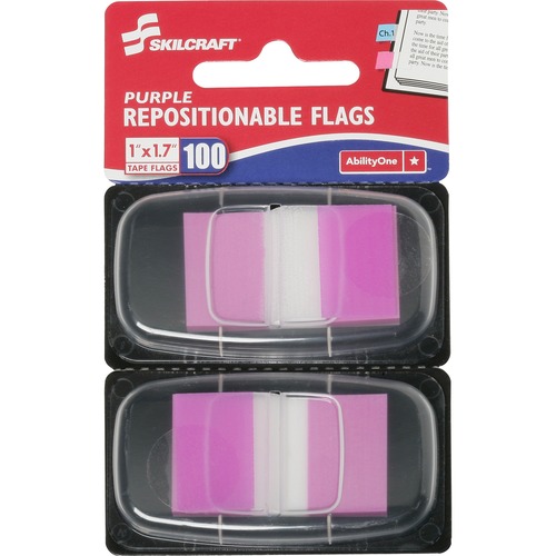 SKILCRAFT Repositionable Self-stick Flags - 1" x 1.75" - Rectangle - Purple - Repositionable, Self-adhesive, Removable - 100 / Pack