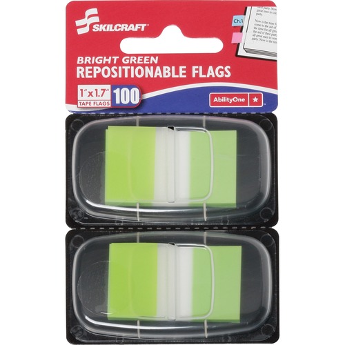 SKILCRAFT Bright Self-stick Marker Flags - 1" x 1.75" - Rectangle - Bright Green - Repositionable, Self-adhesive, Removable - 100 / Pack