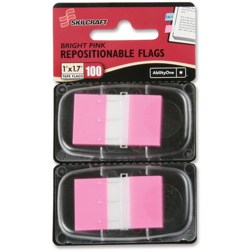 SKILCRAFT Bright Self-stick Marker Flags - 1" x 1.75" - Rectangle - Bright Pink - Repositionable, Self-adhesive, Removable - 100 / Pack