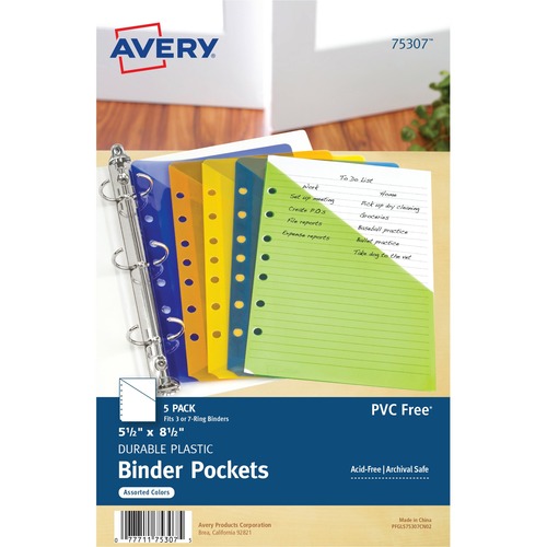 Avery® Durable Mini Binder Pockets - For 3-Ring and 7-Ring Binders - 20 x Sheet Capacity - 5 1/2" x 8 1/2" Sheet - 7 x Holes - Ring Binder - Rectangular - Assorted, Green, Orange, Yellow, Purple - Polypropylene - 5 / Pack