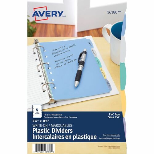 Avery® Mni Durable Write-on Dividers - 5 x Divider(s) - Write-on Tab(s) - 5 - 5 Tab(s)/Set - 5.50" Divider Width x 8.50" Divider Length - 7 Hole Punched - Multicolor Plastic Divider - Multicolor Plastic Tab(s) - 5 / Set - Plain Tab Index Dividers - AVE16180