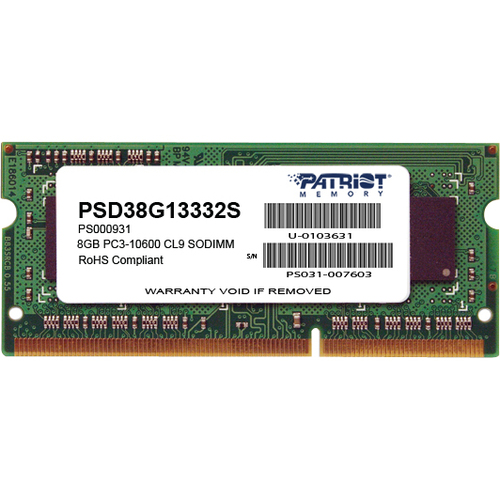 Patriot Memory Signature 8GB DDR3 SDRAM Memory Module - For Notebook - 8 GB (1 x 8GB) - DDR3-1333/PC3-10600 DDR3 SDRAM - 1333 MHz - CL9 - 1.50 V - Retail - Non-ECC - Unbuffered - 204-pin - SoDIMM - Lifetime Warranty