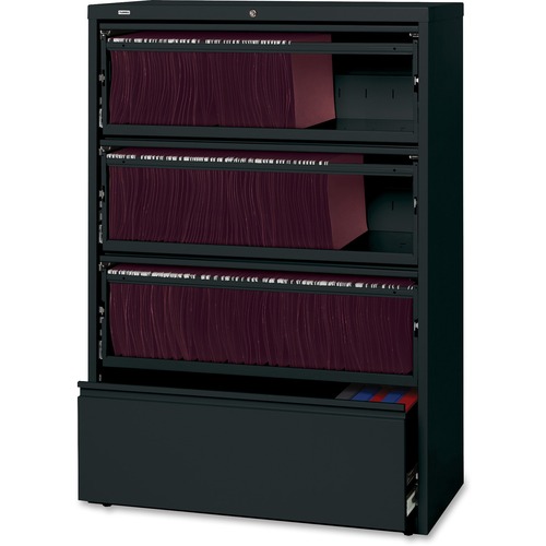 Lorell Receding Lateral File with Roll Out Shelves - 4-Drawer - 36" x 18.6" x 52.5" - 4 x Drawer(s) for File - A4, Letter, Legal - Interlocking, Heavy Duty, Leveling Glide, Recessed Handle, Ball-bearing Suspension - Black - Metal - Recycled = LLR43511