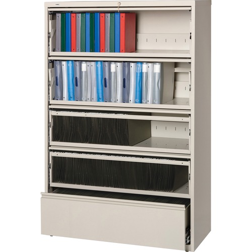 Lorell Receding Lateral File with Roll Out Shelves - 5-Drawer - 42" x 18.6" x 68.8" - 5 x Drawer(s) for File - Legal, Letter, A4 - Recessed Handle, Ball-bearing Suspension, Leveling Glide, Heavy Duty, Interlocking - Putty - Recycled = LLR43516