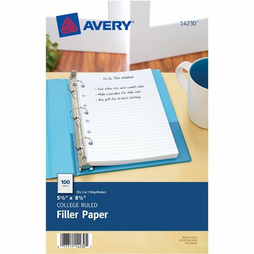 Avery® Filler paper for 3-Ring/7-Ring Mini Binders - College Ruled - 7 Hole(s) - 5 1/2" x 8 1/2" - White Paper - Mediumweight - 100 / Pack
