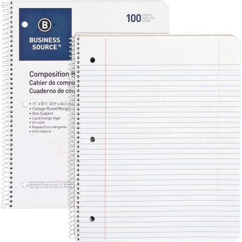 Business Source Wirebound College Ruled Notebooks - Letter - 100 Sheets - Wire Bound - 16 lb Basis Weight - Letter - 8 1/2" x 11" Sheet Size - White Paper - Stiff-back - 1 Each