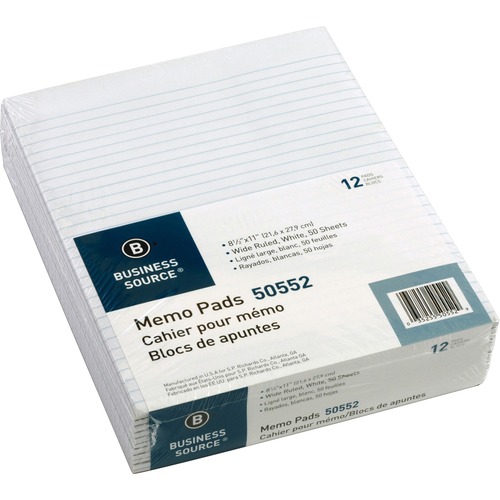 Business Source Glued Top Ruled Memo Pads - Letter - 50 Sheets - Glue - Wide Ruled - 16 lb Basis Weight - Letter - 8 1/2" x 11" - White Paper - 1 Dozen