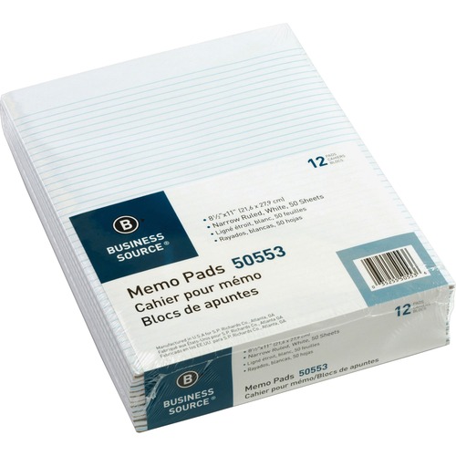 Business Source Glued Top Ruled Memo Pads - Letter - 50 Sheets - Glue - Narrow Ruled Front Ruling - 16 lb Basis Weight - Letter - 8 1/2" x 11" Sheet Size - White Paper - 1 Dozen