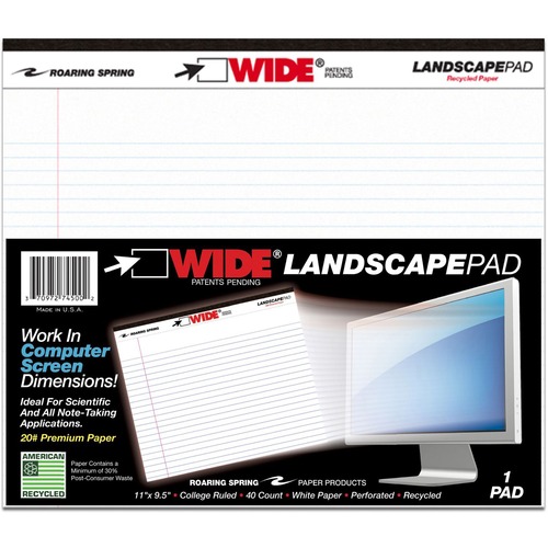 Roaring Spring Wide College Ruled Landscape Legal Pad - 40 Sheets - 80 Pages - Printed - Stapled/Tapebound - Both Side Ruling Surface - Red Margin - 20 lb Basis Weight - 75 g/m² Grammage - 11" x 9 1/2" - 0.25" x 11" x 9.5" - White Paper - Black Bindi