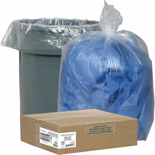Nature Saver Recycled Trash Can Liners - Large Size - 45 gal Capacity - 40" Width x 46" Length - 1.50 mil (38 Micron) Thickness - Low Density - Clear - 100/Carton - Pilferage Control - Recycled
