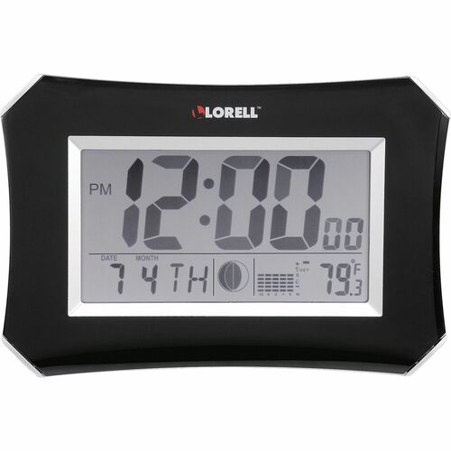 Lorell LCD Wall/Alarm Clock - Digital - Quartz - LCD - Black Main Dial - Silver Case - Plastic