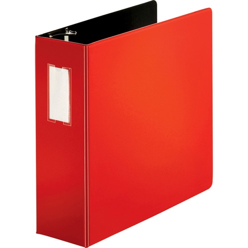 Business Source Slanted D-ring Binders - 4" Binder Capacity - 3 x D-Ring Fastener(s) - 2 Internal Pocket(s) - Chipboard, Polypropylene - Red - PVC-free, Non-stick, Label Holder, Gap-free Ring, Non-glare, Heavy Duty, Open and Closed Triggers, Durable - 1 E - Standard Ring Binders - BSN33120