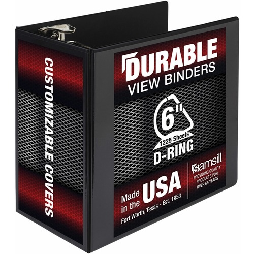 Samsill Durable View Binder - 6" Binder Capacity - Letter - 8 1/2" x 11" Sheet Size - 1225 Sheet Capacity - D-Ring Fastener(s) - 2 Internal Pocket(s) - Polypropylene, Chipboard - Black - 2.73 lb - Recycled - Clear Overlay, Locking Ring, Acid-free, Archiva