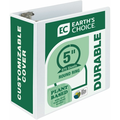 Samsill Earth's Choice Plant-based Durable View Binder - 5" Binder Capacity - Letter - 8 1/2" x 11" Sheet Size - 875 Sheet Capacity - 3 x Round Ring Fastener(s) - 2 Internal Pocket(s) - Chipboard, Plastic - White - 1.76 lb - Recycled - Archival-safe, Clea