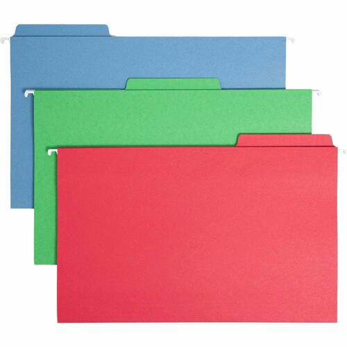 Smead FasTab 1/3 Tab Cut Legal Recycled Hanging Folder - 8 1/2" x 14" - Top Tab Location - Assorted Position Tab Position - Red, Green, Blue - 10% Recycled - 18 / Box