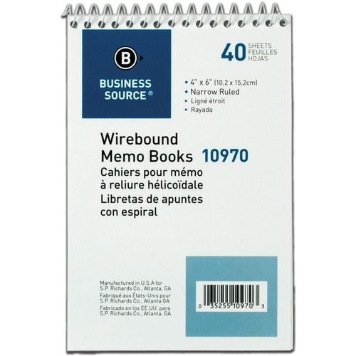 Business Source Wirebound Memo Books - 40 Sheet(s) - Wire Bound - 4" x 6" Sheet Size - White - White Sheet(s) - 1 Dozen