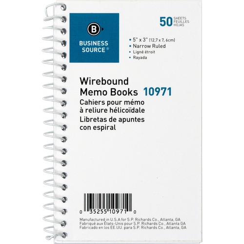 Business Source Side Wirebound Ruled Memo Book - 50 Sheet(s) - Wire Bound - 3" x 5" Sheet Size - White - 12 / Dozen