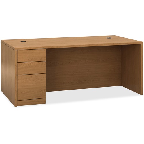 HON 10500 H105896L Pedestal Desk - 3-Drawer - 29.5" Height x 72" Width x 36" Depth x 1.1" Thickness - Total Drawer(s): 3 - Single Pedestal on Left Side - Finish: Harvest, Laminate - Ball-bearing Suspension, Cord Management, Scratch Resistant, Security Loc